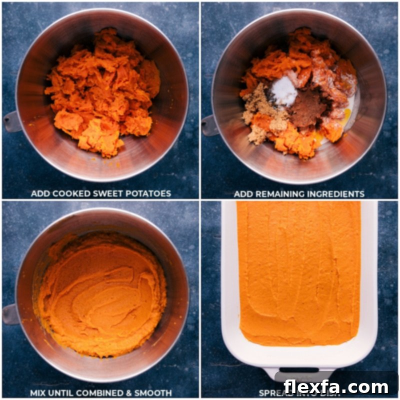 Process shots of ingredients being mixed in a stand mixer for sweet potato casserole