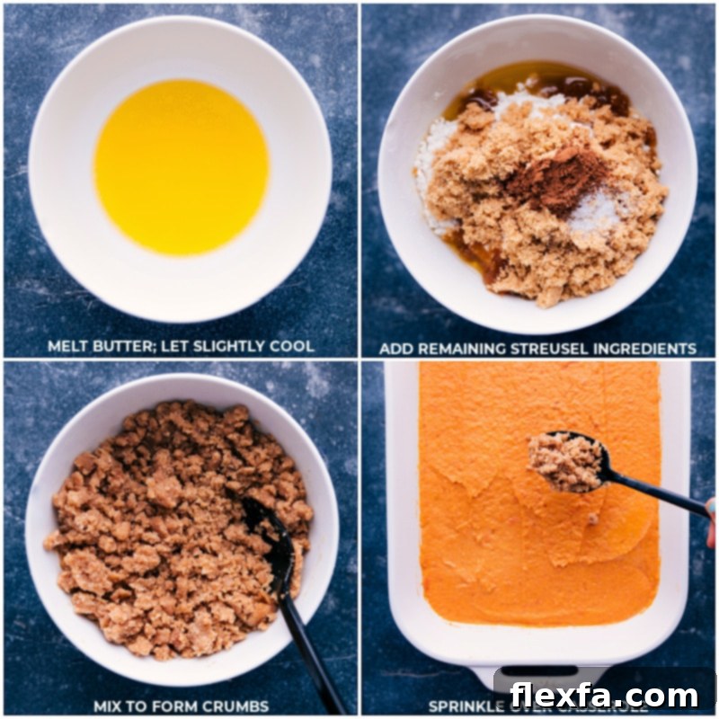 Process shots of streusel topping being sprinkled over sweet potato casserole
