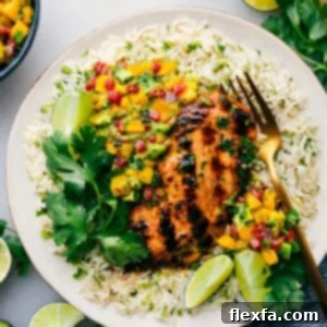 Cilantro Lime Chicken on a bed of rice with fresh salsa.