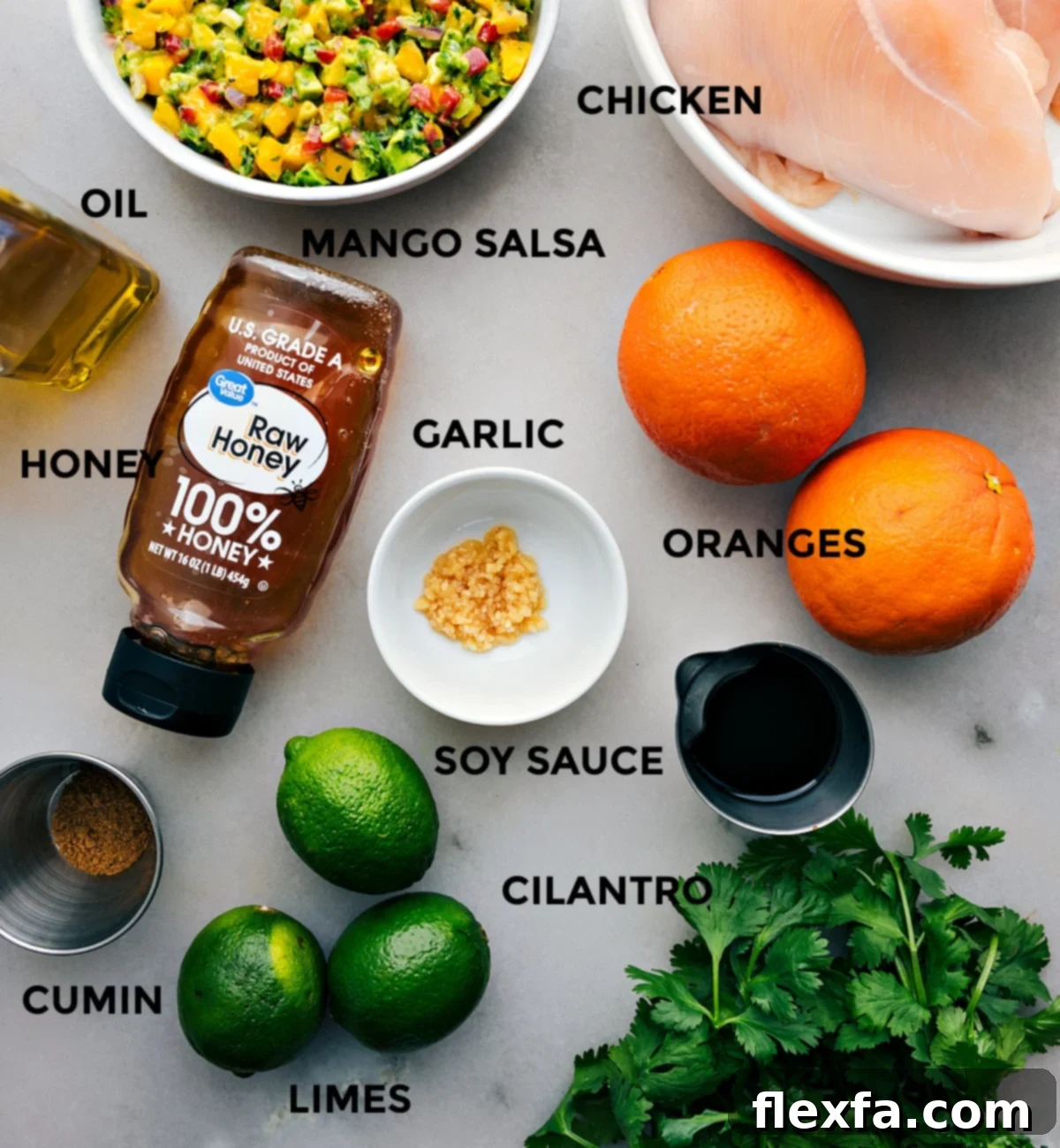 All the fresh ingredients required for this delicious cilantro lime chicken recipe, including chicken, limes, oranges, cilantro, garlic, honey, and spices, neatly prepped and arranged for easy assembly.