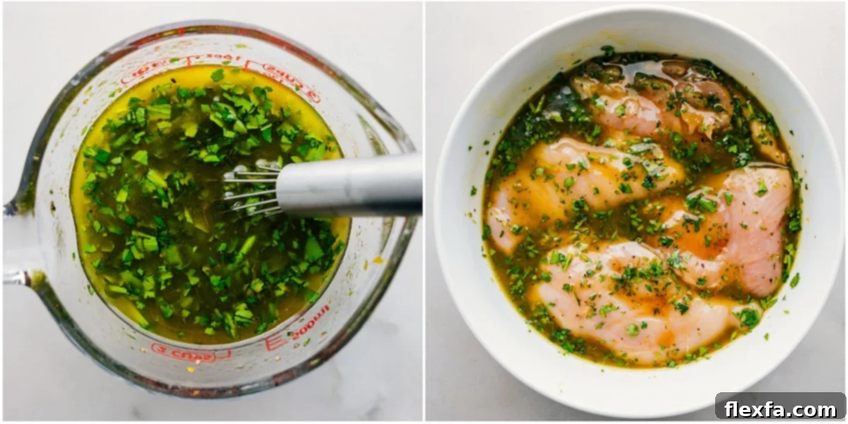 Close-up shot of the cilantro lime chicken marinade being whisked in a glass bowl, showcasing the fresh herbs and citrus.