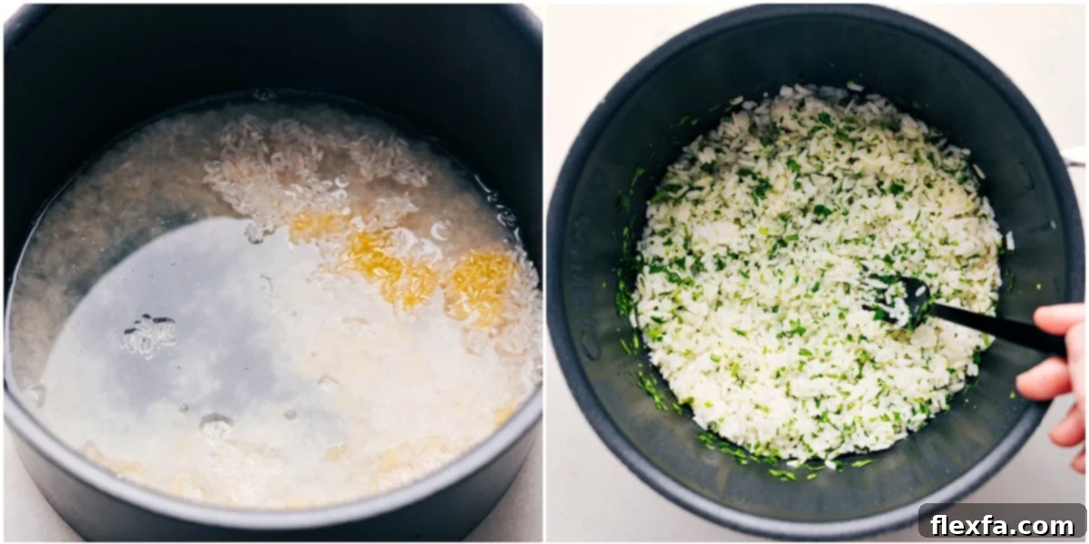 A pot of fragrant cilantro lime rice being prepared, with a wooden spoon, fresh cilantro leaves, and lime wedges visible.