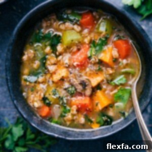 A vibrant and nutritious bowl of Farro Soup, topped with fresh parsley and ready to be savored.