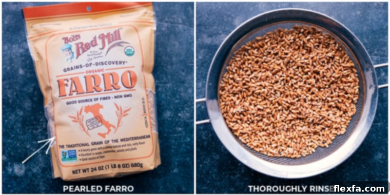 Preparing Pearled Farro for Soup Pearled farro being meticulously rinsed in a fine-mesh sieve under cool water, an essential step before adding it to the soup recipe.