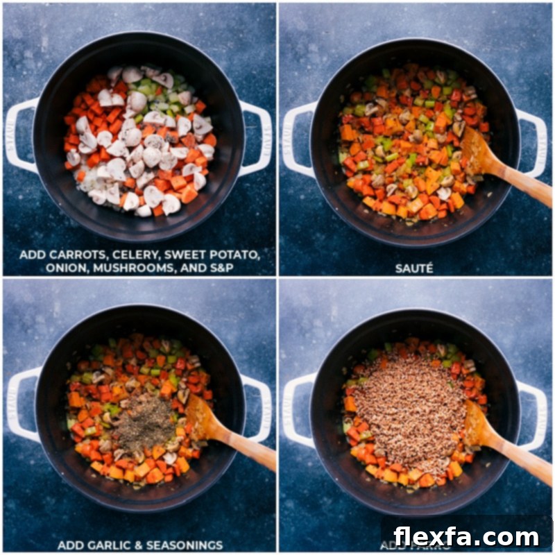 Step-by-Step Guide to Making Farro Soup A step-by-step visual of the Farro Soup preparation: vegetables being sautéed in a pot, followed by the addition of garlic, various seasonings, and the farro grain.