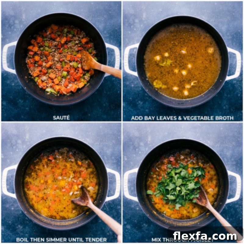Key Ingredients for the Best Meatless Soup Bay leaves, rich vegetable broth, and vibrant fresh parsley being carefully added to the Farro Soup, enhancing its depth of flavor and aroma.