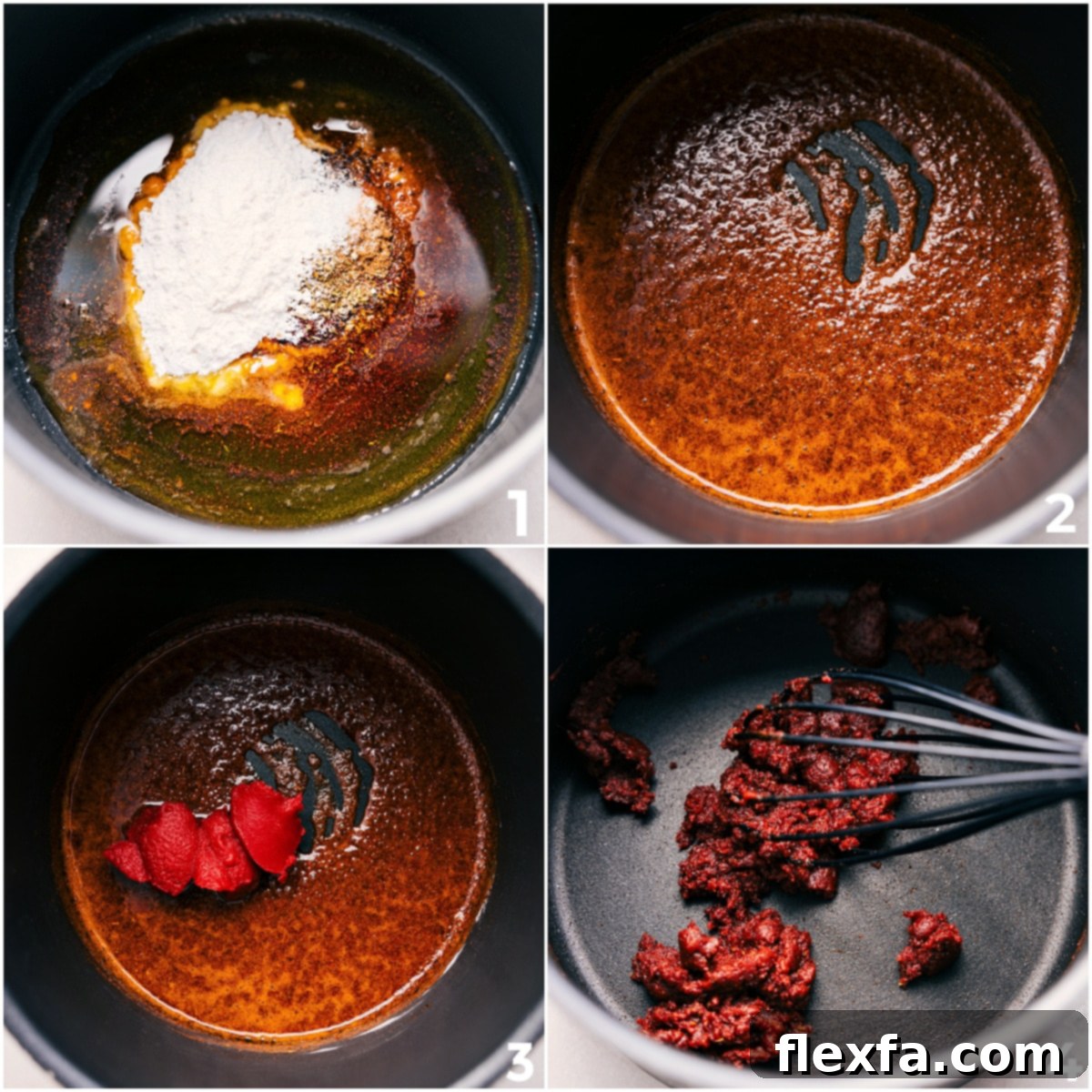 A close-up shot of a whisk combining the dry seasonings, flour, and tomato paste in a pot, demonstrating the initial steps for making this delicious homemade enchilada sauce.