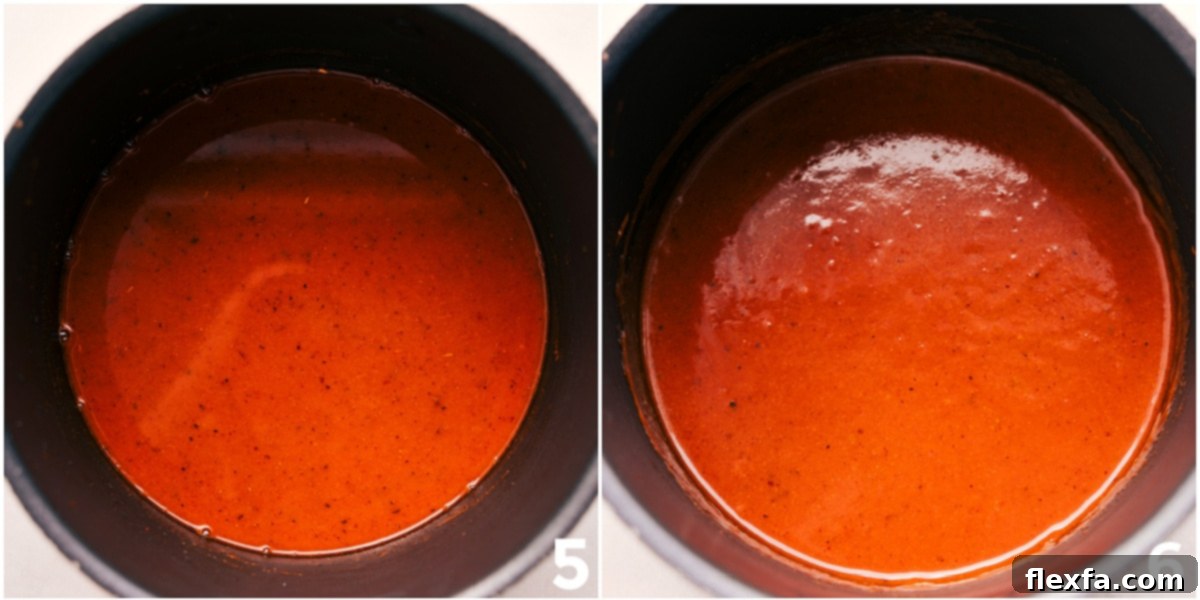 A stream of golden chicken broth being poured into a pot containing the whisked spice, flour, and tomato paste mixture, ready to be combined and cooked into a simple enchilada sauce.