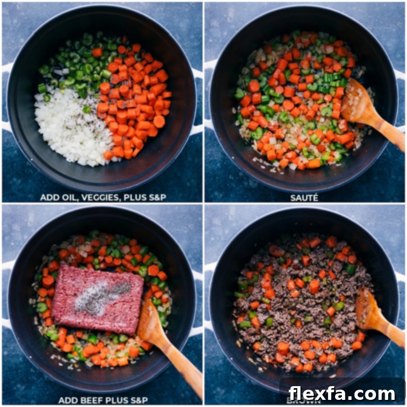 Building the base: The initial steps of making our delicious Vegetable Beef Soup, featuring aromatic vegetables and browned ground beef. Process shots of Vegetable Beef Soup—images illustrating vegetables being sautéed and ground beef browning in a large pot.