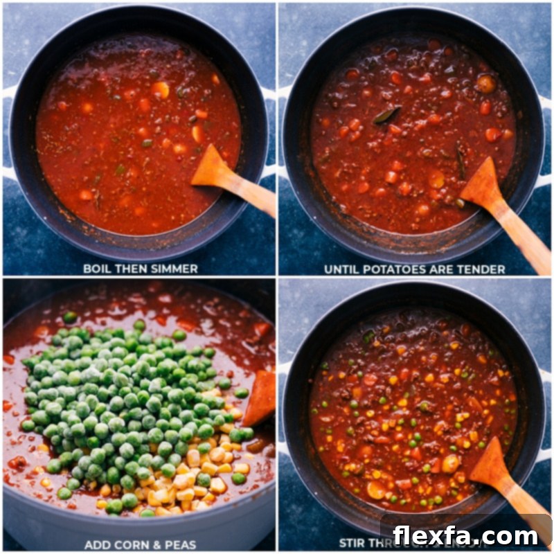The final touches: Our Vegetable Beef Soup, simmering to perfection with added frozen peas and corn for a burst of freshness. Process shots—images showing the Vegetable Beef Soup simmering gently in the pot, followed by the addition of frozen corn and peas, maintaining vibrant colors.
