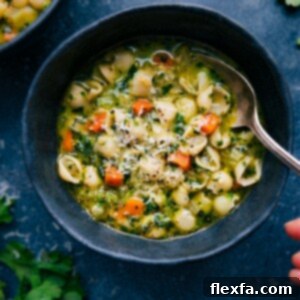 A close-up of the finished Vegetable Pasta Soup in a rustic bowl, garnished with fresh parsley.
