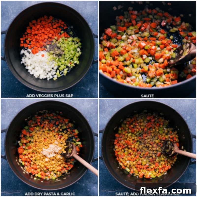 Process shots showing finely diced carrots, celery, and onions being sautéed in a large pot, followed by minced garlic and Italian seasoning being added, and then vegetable broth.