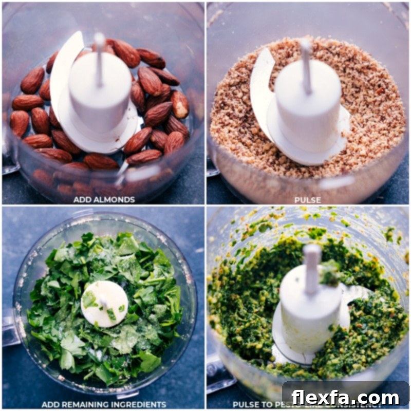 Process shots of Vegetable Pasta Soup showing a small food processor blending fresh parsley, olive oil, minced garlic, and almonds into a vibrant, pesto-like herb infusion.