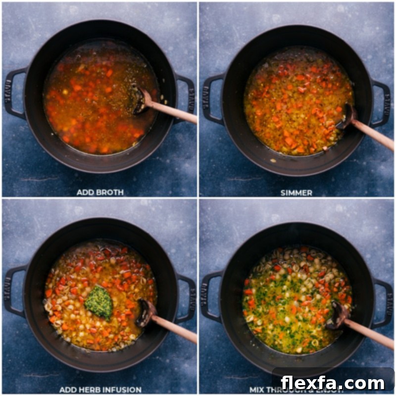 Process shots of Vegetable Pasta Soup, showing the moment vegetable broth is added to the sautéed vegetables, followed by the vibrant herb and almond infusion being stirred into the finished soup.