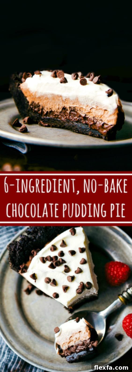 A perfectly sliced No-Bake Chocolate Pudding Pie with its three distinct layers