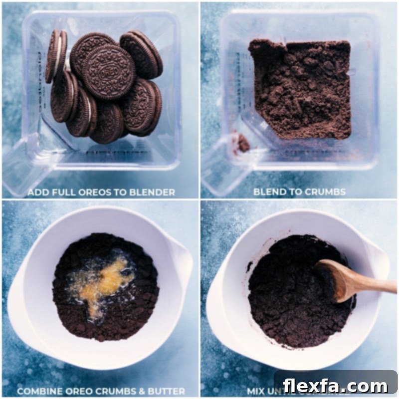 Step-by-step images showing how to prepare the Oreo cookie crust for the pudding pie