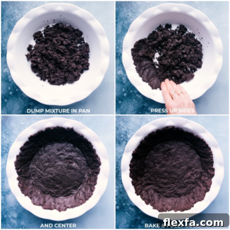 Images illustrating the process of pressing the Oreo crust mixture into a pie pan