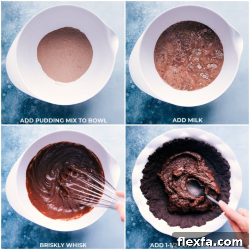 Process images showing the mixing and layering of the chocolate pudding and whipped topping