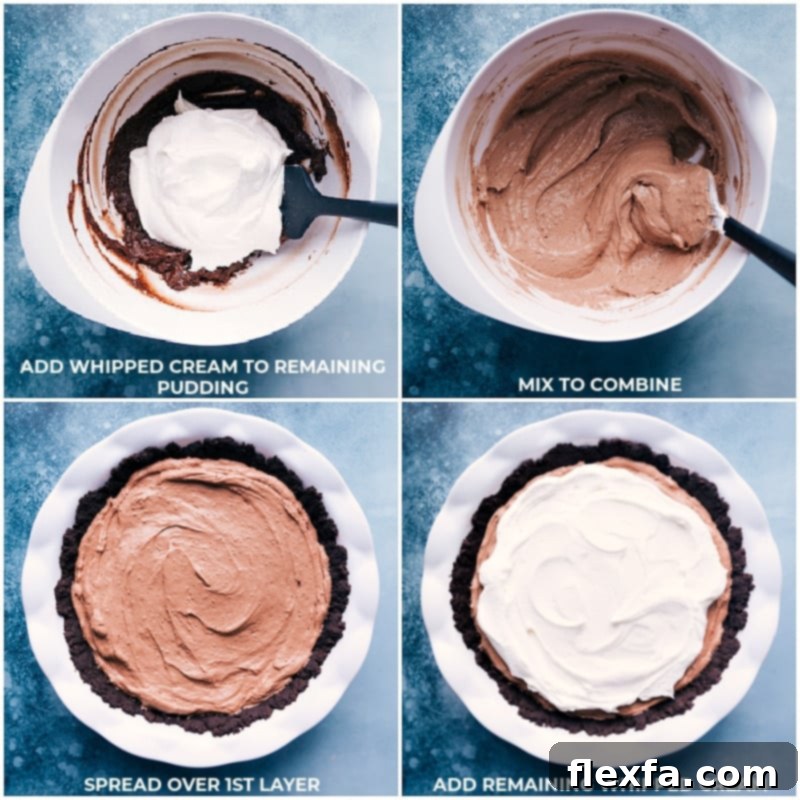 Sequential images demonstrating how to combine whipped topping with pudding for the second layer, then spread the final whipped topping layer
