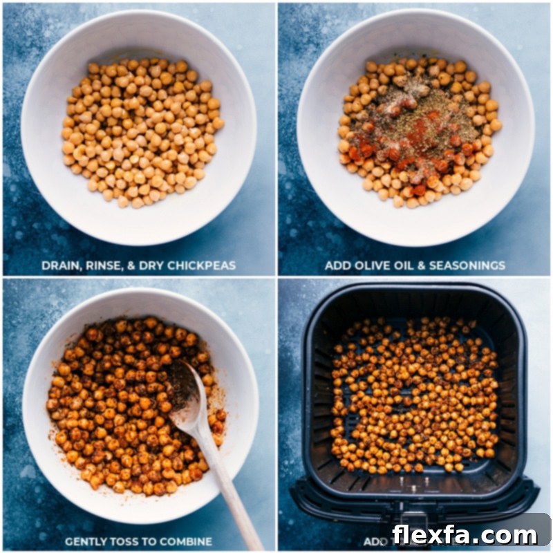 Preparation of Hummus Wraps: Chickpeas tossed with seasonings, ready for the air fryer to achieve perfect crispiness, adding essential texture. Recipe via ChelseasMessyApron #healthy #dinner #lunch #quick #easy #simple #best #clean #cleaneating #wholefoods #chickpeas #vegetarian #vegan #hummus #wrap Process shots showing chickpeas being tossed with spices and then added to an air fryer for cooking.