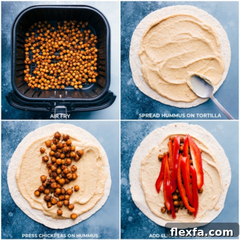 Assembling delicious Hummus Wraps: Creamy hummus spread on tortillas, topped with crispy chickpeas and colorful bell peppers for a quick and healthy meal. Recipe via ChelseasMessyApron #healthy #dinner #lunch #quick #easy #simple #best #clean #cleaneating #wholefoods #chickpeas #vegetarian #vegan #hummus #wrap Detailed process of assembling hummus wraps: showing air-fried chickpeas, bell peppers, and hummus spread on tortillas.