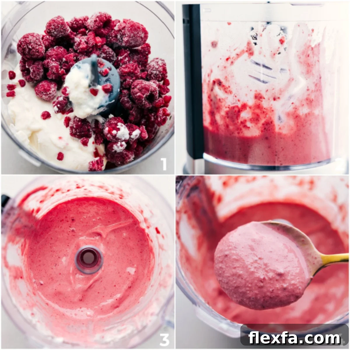 All the ingredients added to a food processor for this frozen yogurt and it all being pulsed together.