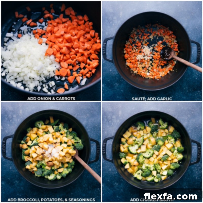 A series of process shots showing fresh broccoli florets, diced carrots and onions, and aromatic minced garlic being sautéed in a pot, followed by the addition of rich chicken broth, simmering to perfection.