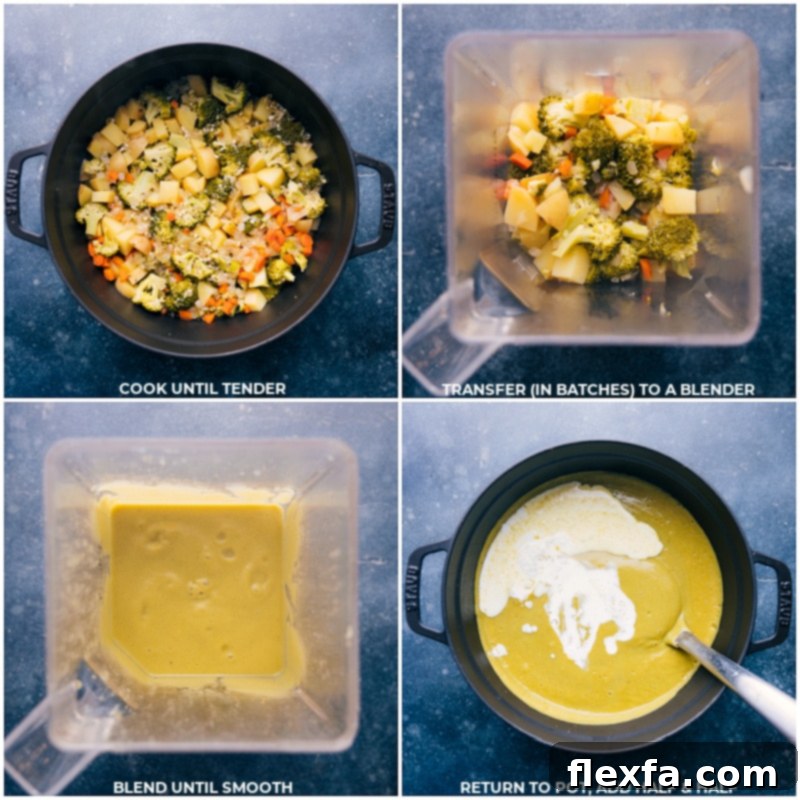 A sequential image depicting the process of blending cooked vegetables for creamy broccoli soup. Tender broccoli, carrots, and potatoes are transferred from the pot into a blender, then shown being pureed to a smooth, luscious consistency.