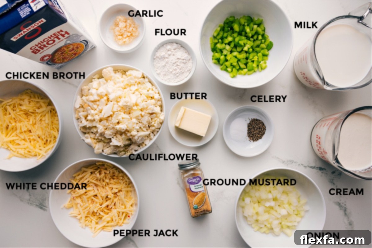 All fresh ingredients laid out on a kitchen counter, prepped for making creamy cauliflower soup, including cauliflower florets, various cheeses, broth, milk, butter, garlic, onion, and seasonings.