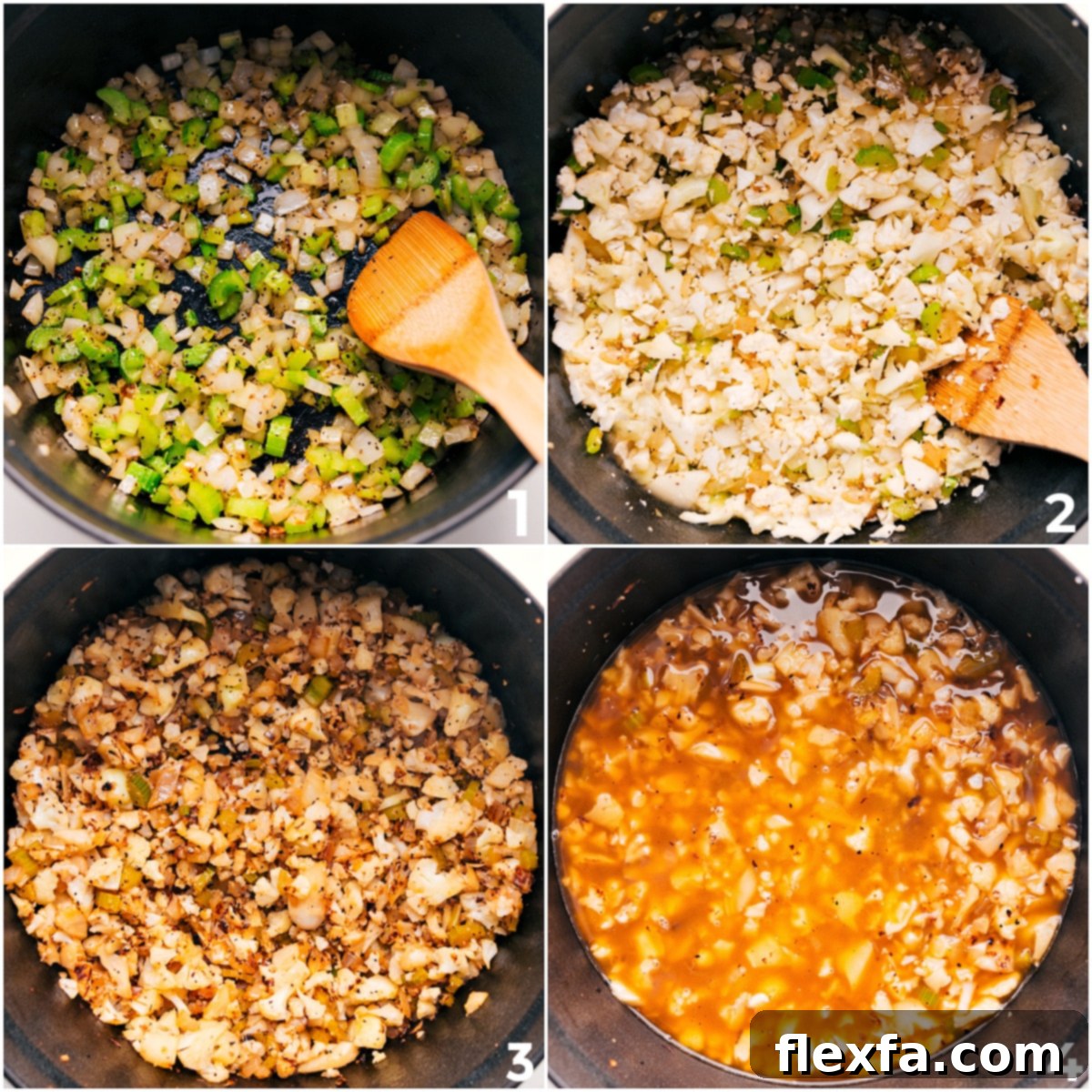 Diced onions and celery sautéing in a large pot with butter and olive oil, forming the aromatic base for the creamy cauliflower soup recipe.