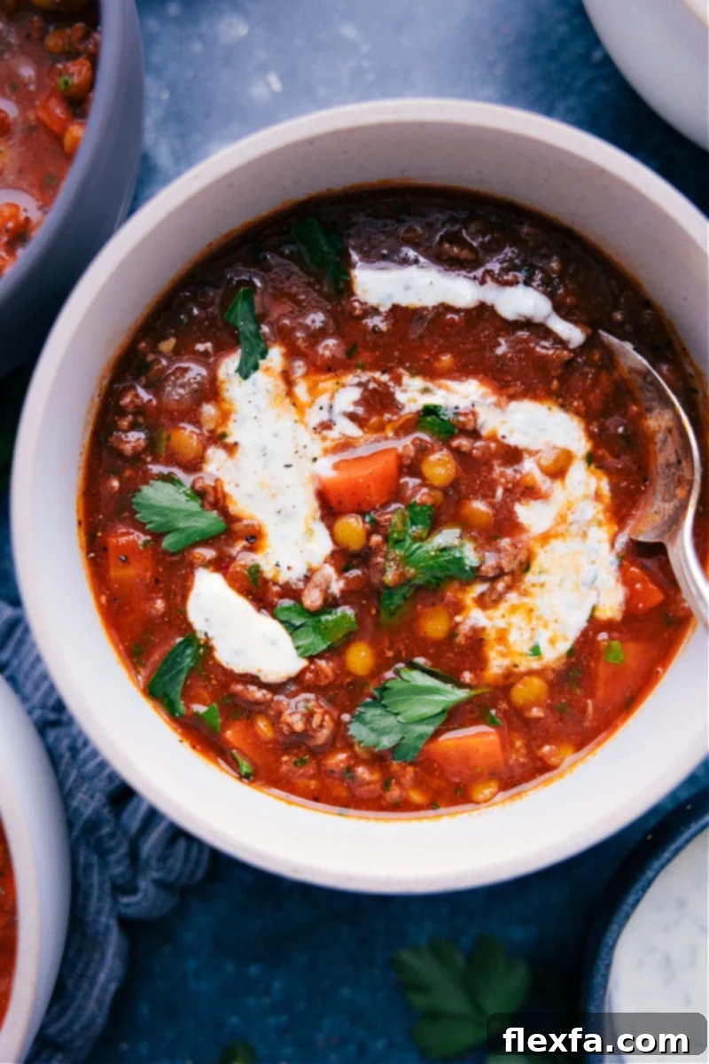 Delicious Beef Lentil Soup with Middle Eastern Spices Overhead image of the Beef Lentil Soup, garnished with fresh parsley and a dollop of herbed yogurt