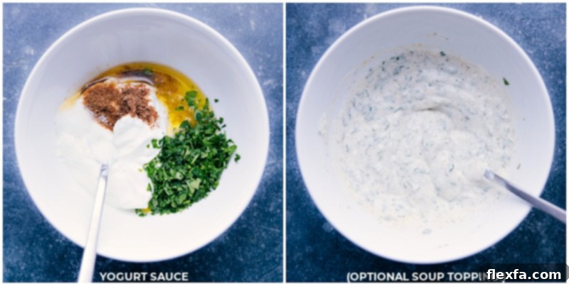 Preparing the fresh mint-yogurt topping making yogurt-mint sauce