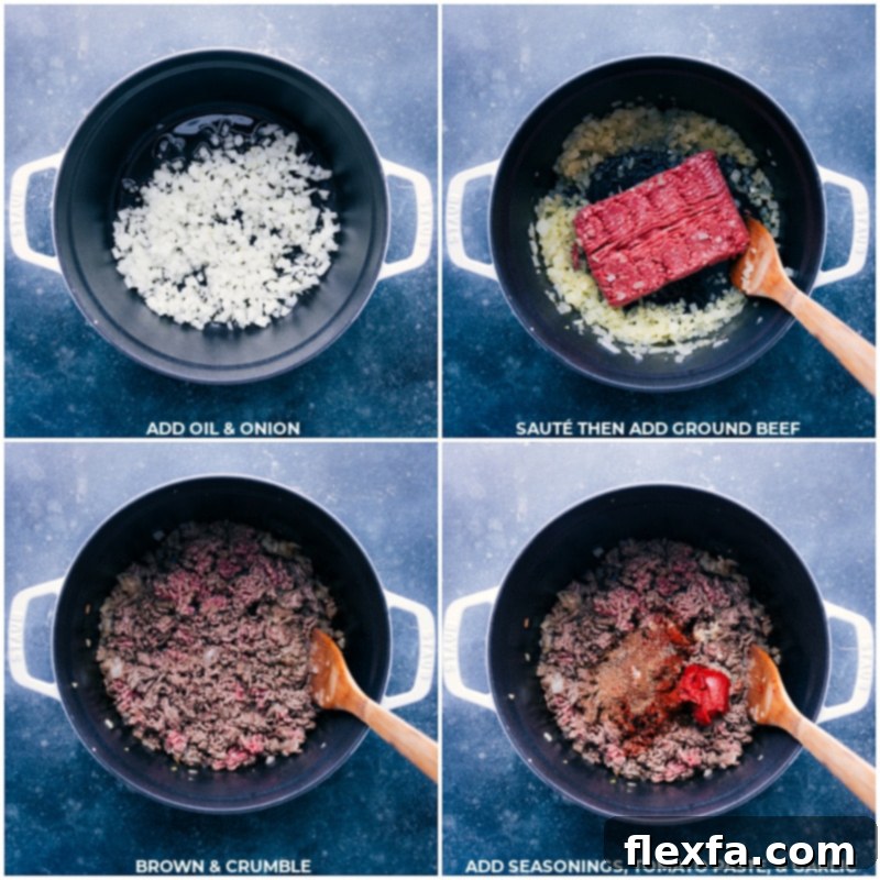Sautéing the base ingredients for Beef Lentil Soup Process shots showing oil, onion, ground beef, seasonings, tomato paste, and garlic being sautéed in a pot