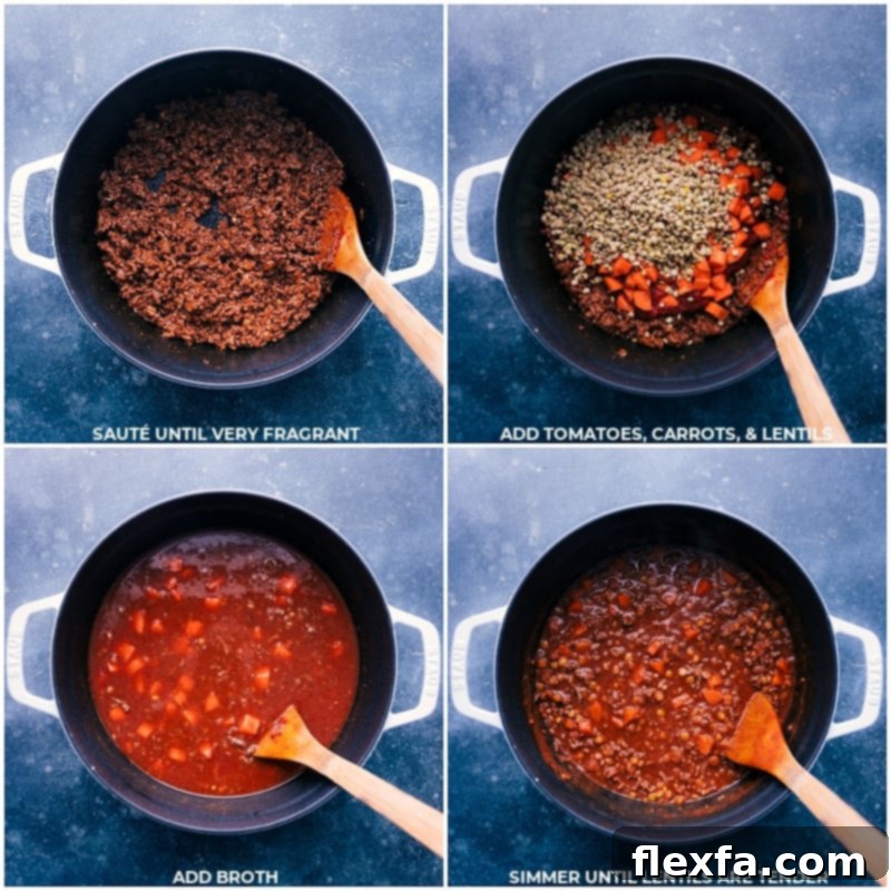 Adding vegetables and lentils to the simmering soup Process shots of Beef Lentil Soup-- images of the tomatoes, carrots, and lentils being added to the pot