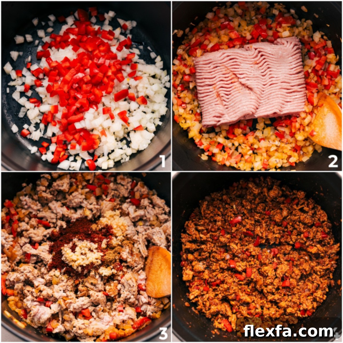How To Make Beef Enchilada Soup Step-by-Step A visual progression of the soup-making process: sautéing onions and peppers, browning ground beef with aromatic spices, simmering all ingredients together in a rich broth, and finally, a perfectly cooked pot of enchilada soup ready to be served.