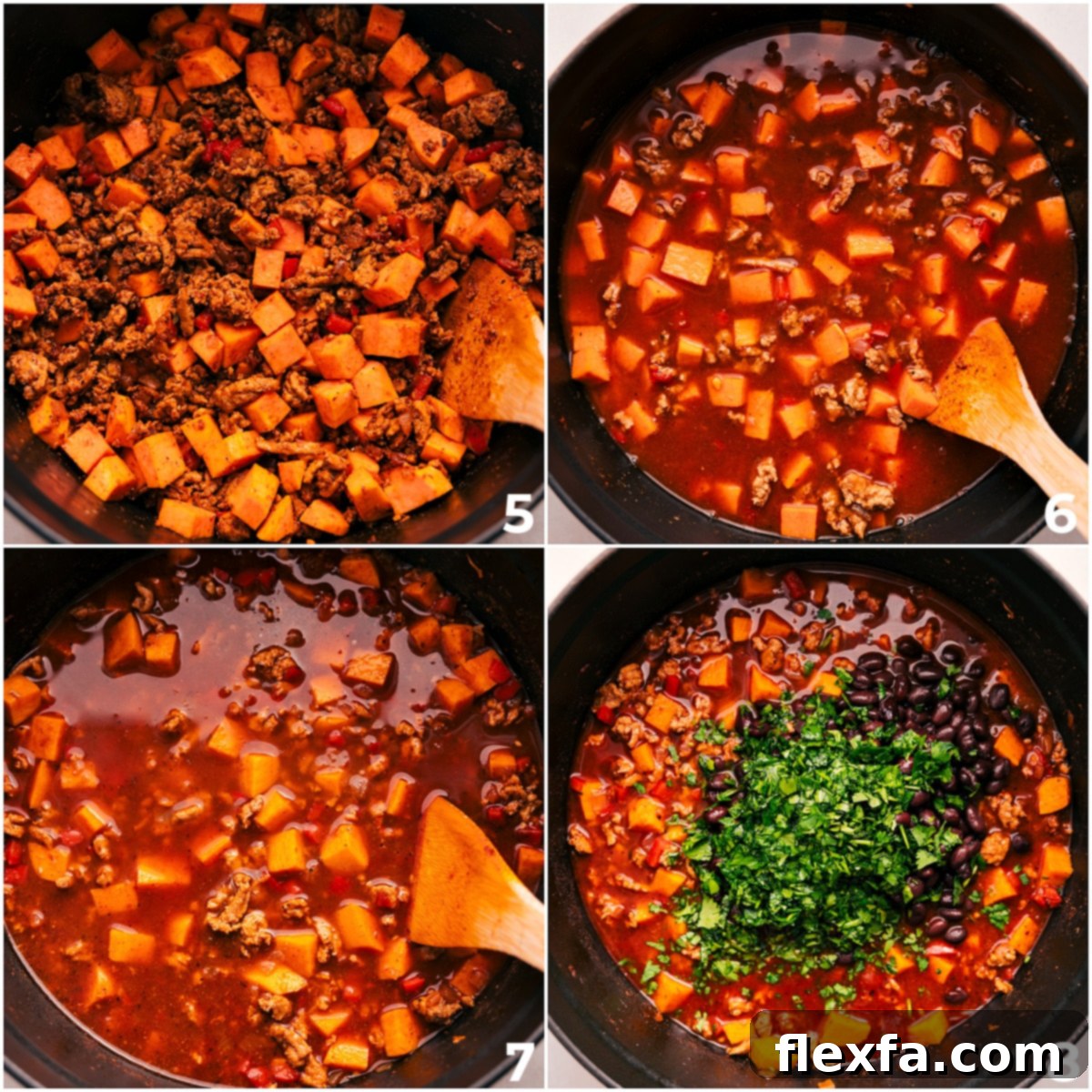 Simple And Delicious One Pot Beef Enchilada Soup Simmering A close-up shot of the rich, simmering broth, vibrant enchilada sauce, fresh herbs, and black beans being stirred into the pot, showing the process of building deep flavor.