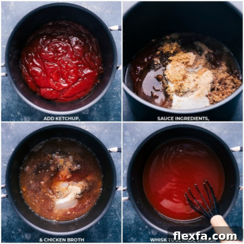 Close-up shot of ketchup and other key BBQ sauce ingredients being added to a large pot, illustrating the initial steps of the recipe.