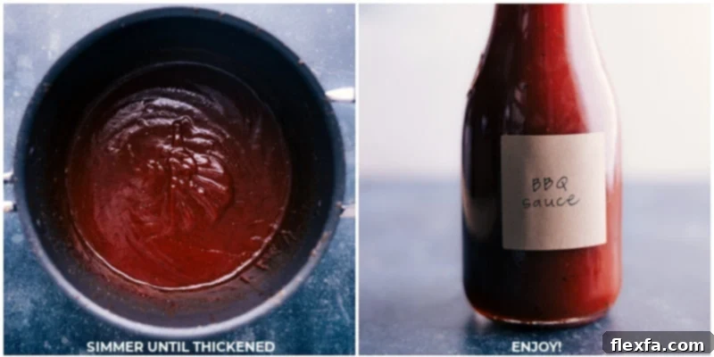 The finished homemade BBQ sauce, thickened to a perfect consistency after simmering, being transferred from the pot into a glass jar.