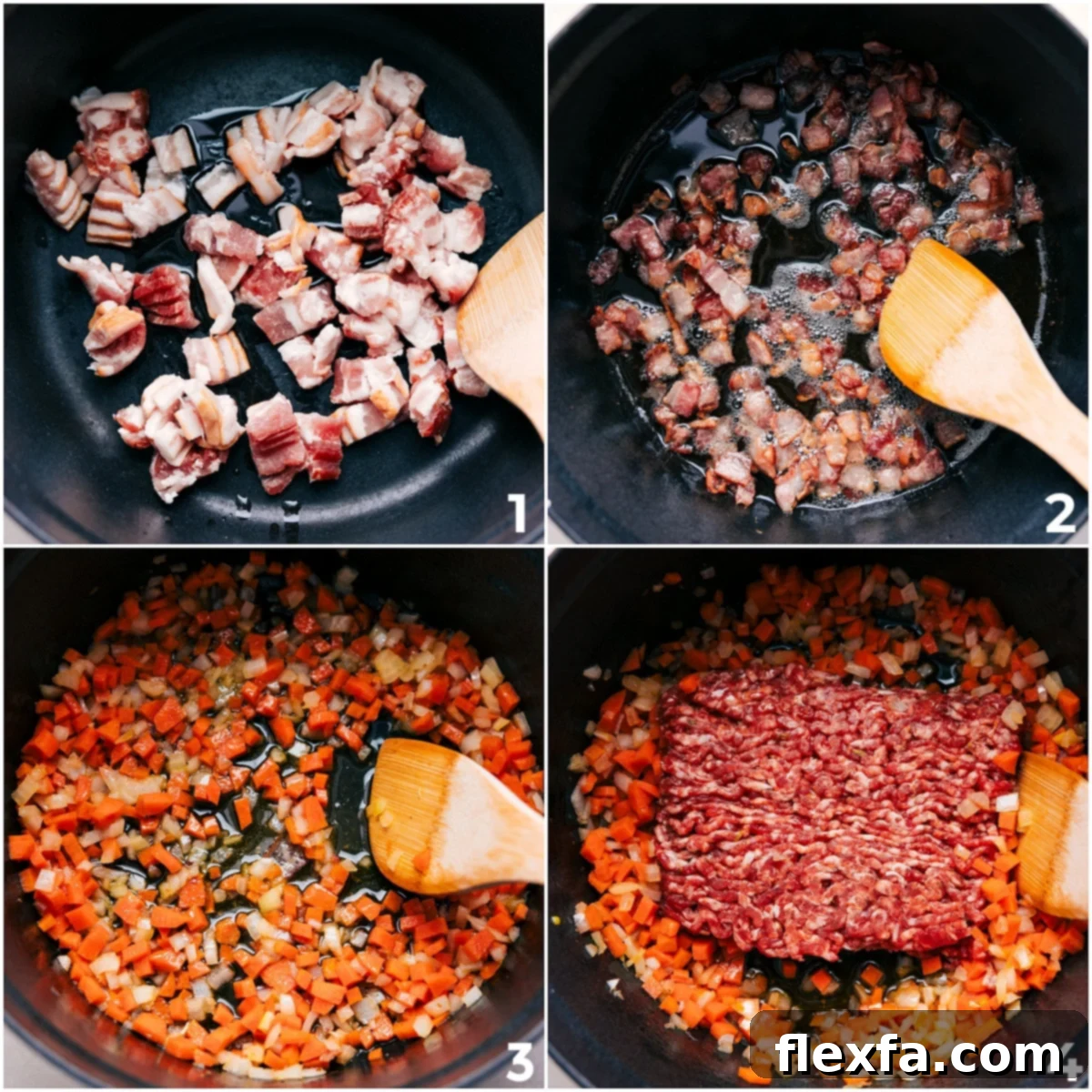 The cooking process for Tuscan soup, showing crispy bacon being removed from a pot, followed by sautéing vegetables, and then browning Italian sausage.