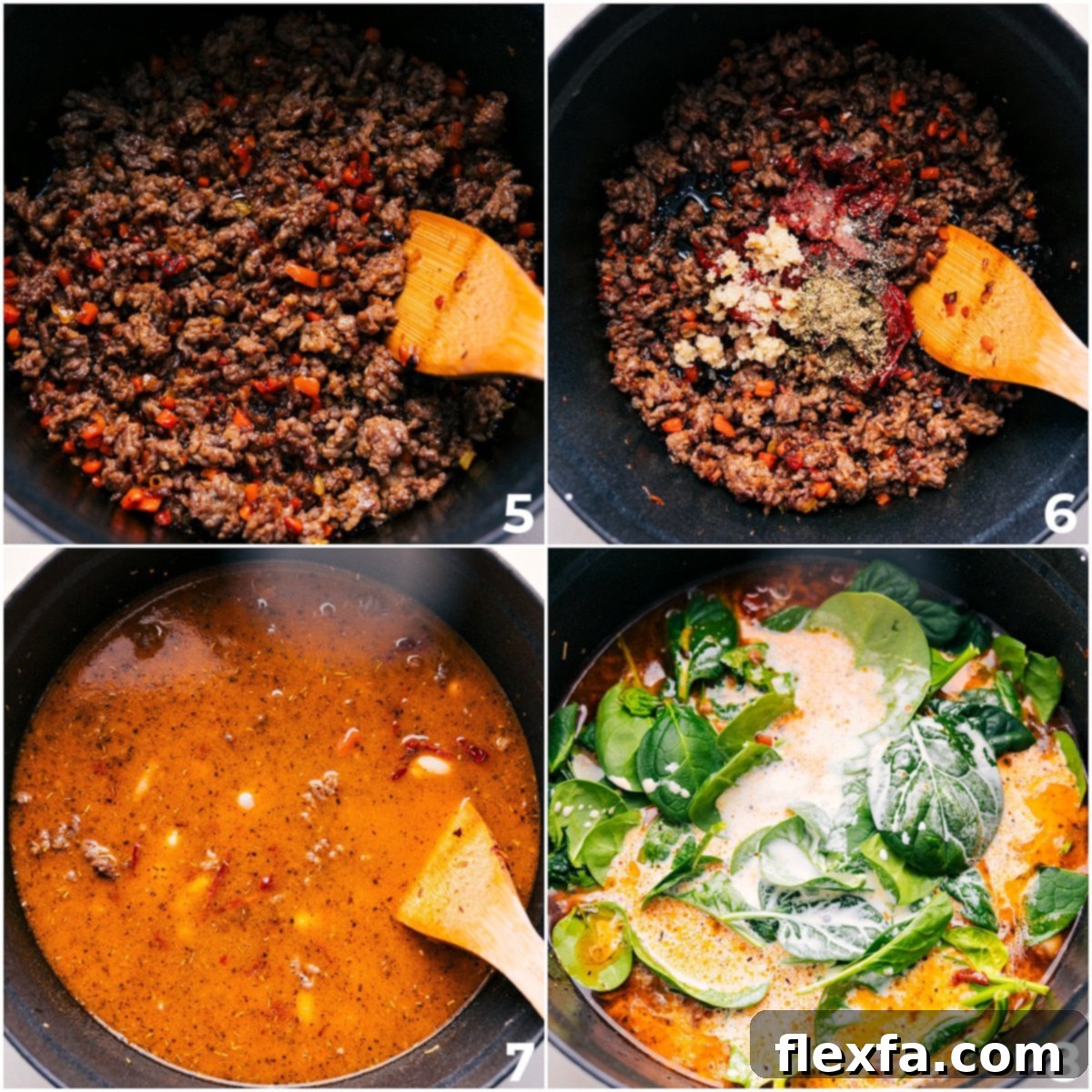 The pot of Tuscan soup simmering, with tomato paste, seasonings, garlic, broth, cream, and spinach added and cooking through.