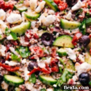 Close-up of Mediterranean Brown Rice Salad in a bowl.