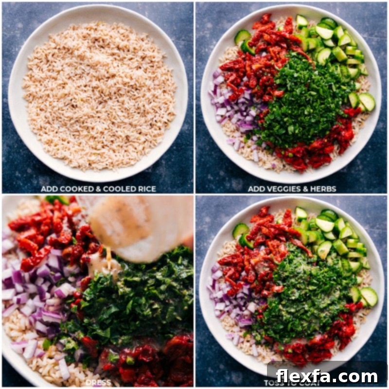 Assemble your delicious Brown Rice Salad! This recipe beautifully combines the nutty flavor of brown rice with fresh Mediterranean ingredients like crisp cucumbers, roasted red peppers, sun-dried tomatoes, red onion, parsley, and crumbled feta cheese, all tossed in a zesty lemon dressing. A perfect blend of flavors and textures for any meal. Process shots showing cooked brown rice being combined with finely chopped cucumbers, roasted red peppers, sun-dried tomatoes, red onion, and parsley in a large mixing bowl.