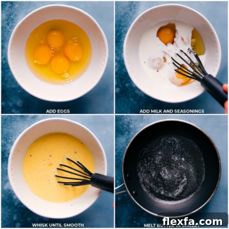 Process shots showing raw eggs in a bowl with milk and seasonings, and butter melting in a hot skillet, illustrating the initial steps of preparing scrambled eggs.