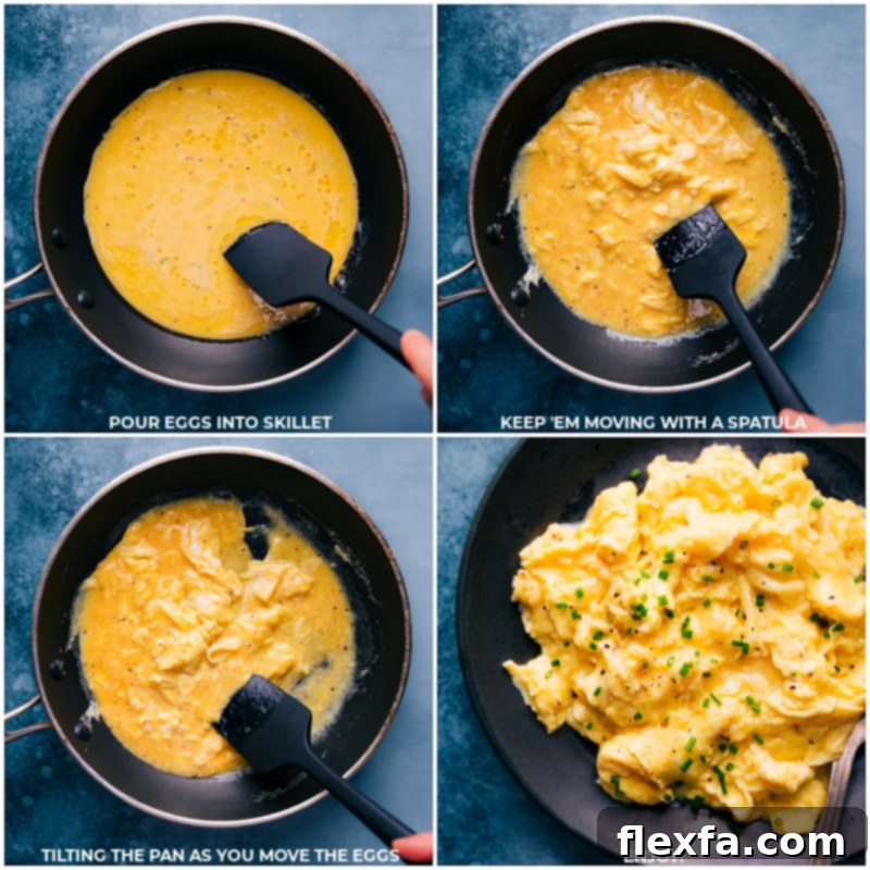 Series of close-up process images showing scrambled eggs gently cooking in a non-stick skillet, demonstrating the folding and pushing technique.