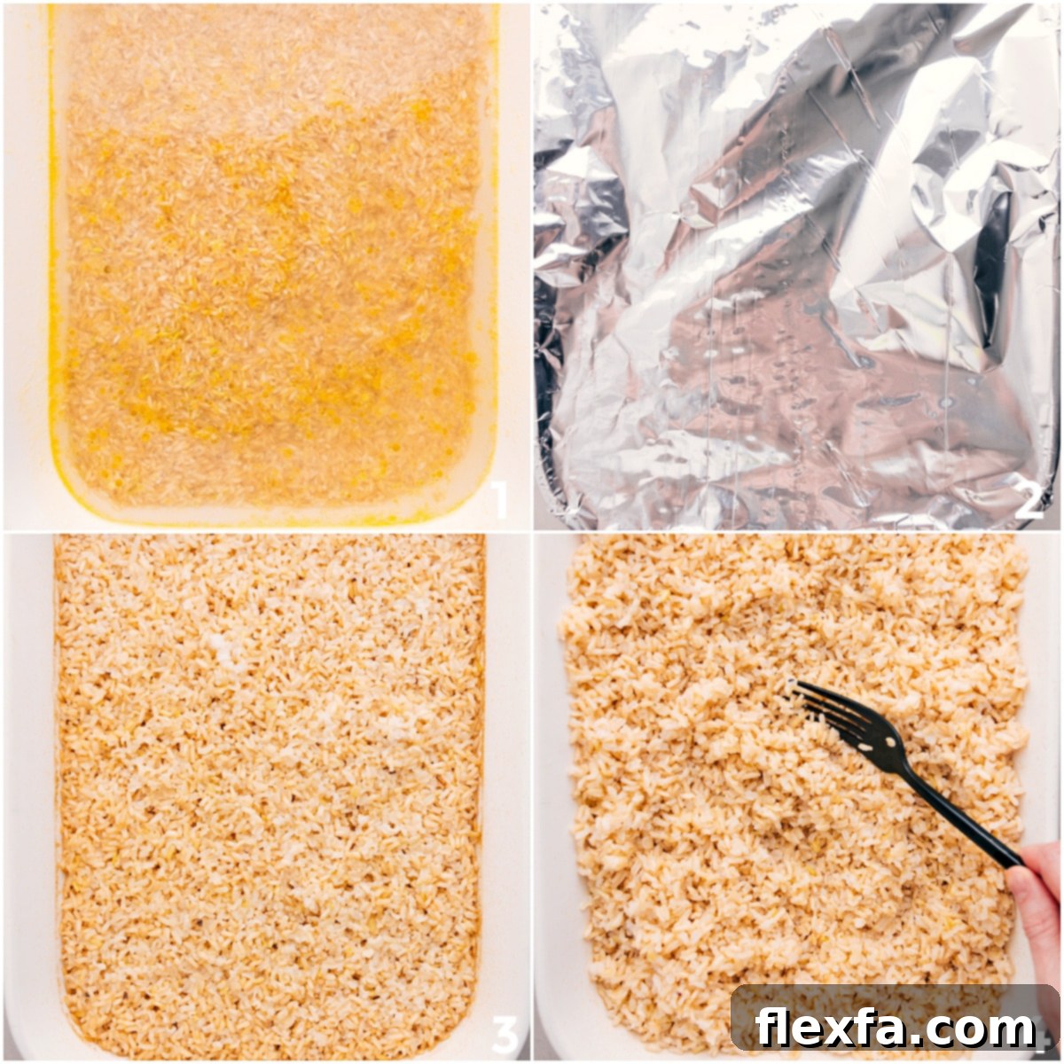 This guide demonstrates how to cook brown rice using a casserole dish, boiling water, oil, and tightly sealed foil before baking.
