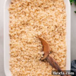 Perfectly cooked brown rice, ready to be served.