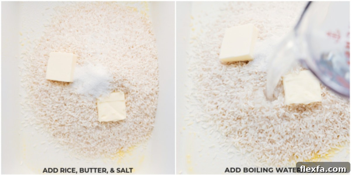 Rice, butter, salt, and boiling water being added to a pan. A visual representation of adding ingredients to a baking dish before covering and baking.