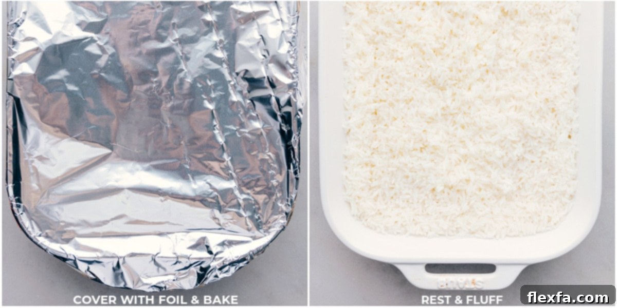 The pan being covered with foil and baked. A hand covering a baking dish filled with rice and liquid with aluminum foil, ensuring a tight seal.