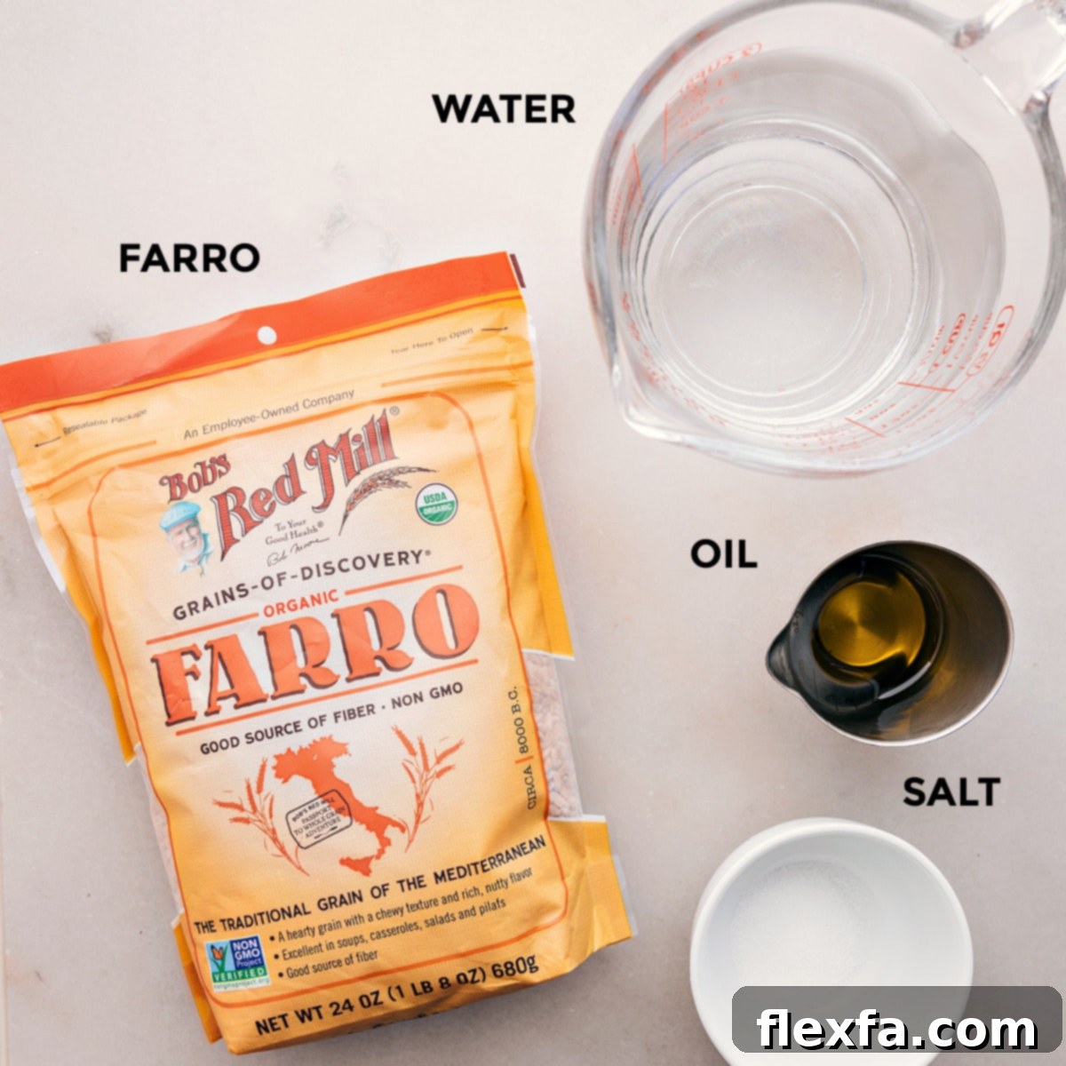 This baked farro recipe requires only four simple ingredients: farro, water, olive oil, and salt.