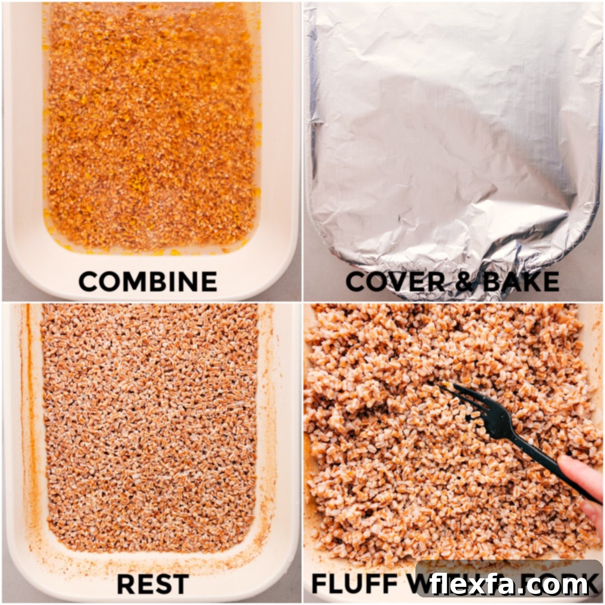 Learn how to cook farro by combining all the ingredients in a pan, baking them, and then fluffing the farro once it’s out of the oven for a perfect finish.